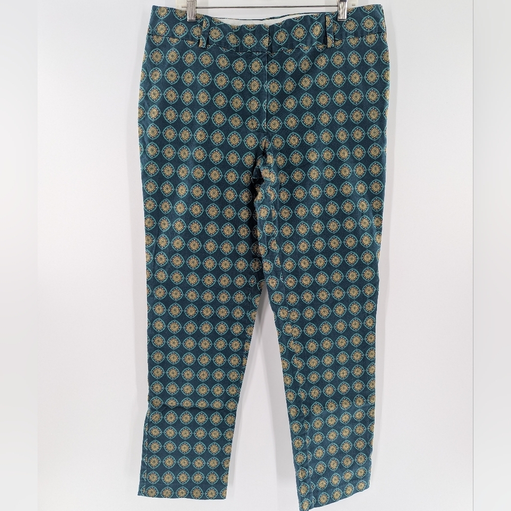 Lands' End Fit 2 Slim Leg Teal Medallion Print Chino Ankle Pants 14W Workwear